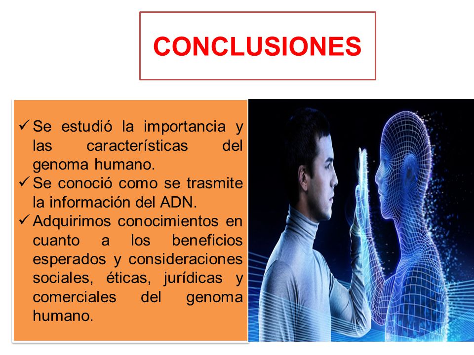 CONCLUSIONES Se estudió la importancia y las características del genoma humano. Se conoció como se trasmite la información del ADN.