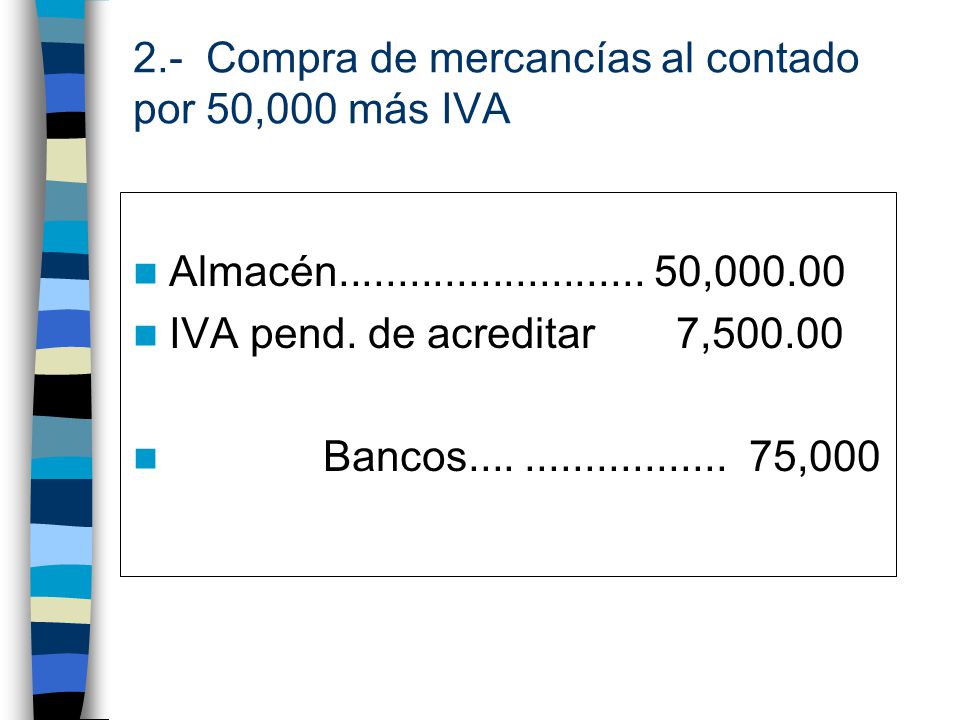 2.- Compra de mercancías al contado por 50,000 más IVA