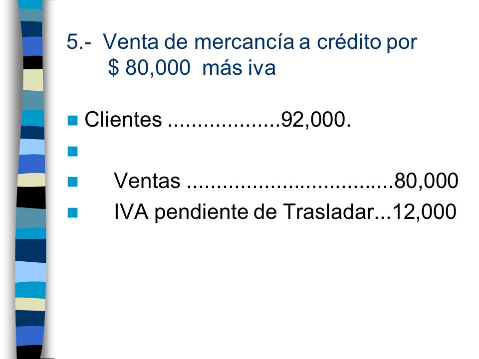 5.- Venta de mercancía a crédito por $ 80,000 más iva
