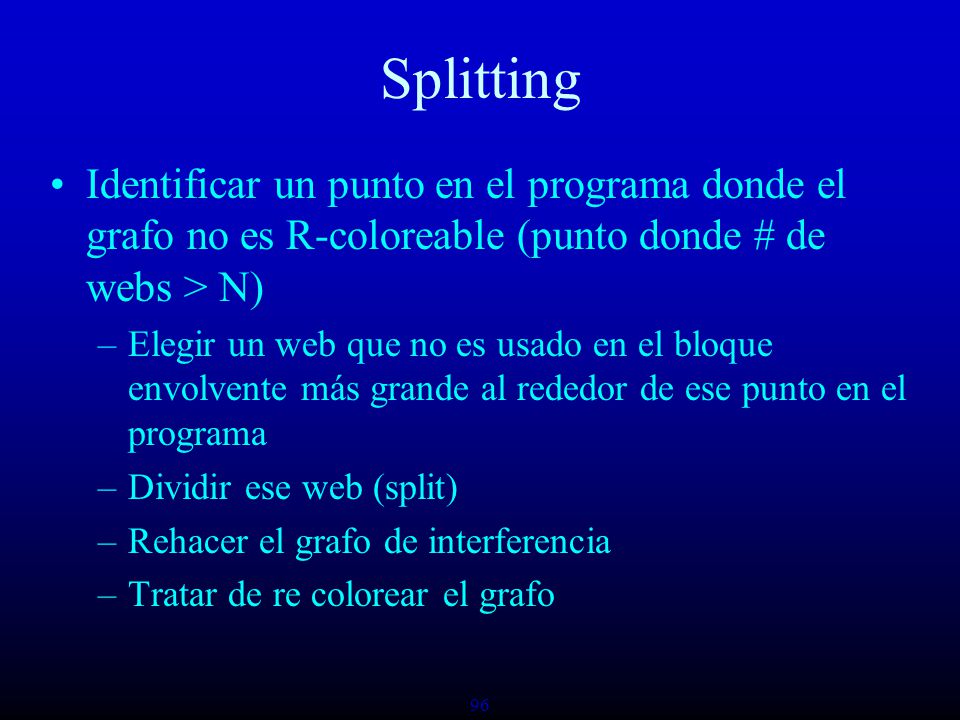 Splitting Identificar un punto en el programa donde el grafo no es R-coloreable (punto donde # de webs > N)