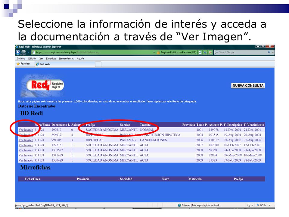Seleccione la información de interés y acceda a la documentación a través de Ver Imagen .