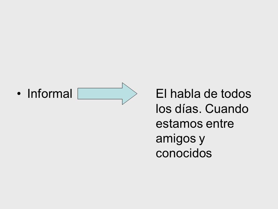 Informal. El habla de todos. los días. Cuando. estamos entre. amigos y