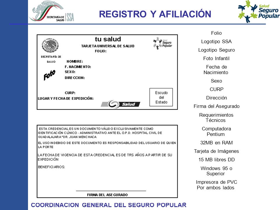 REGISTRO Y AFILIACIÓN Folio Logotipo SSA Logotipo Seguro Foto Infantil