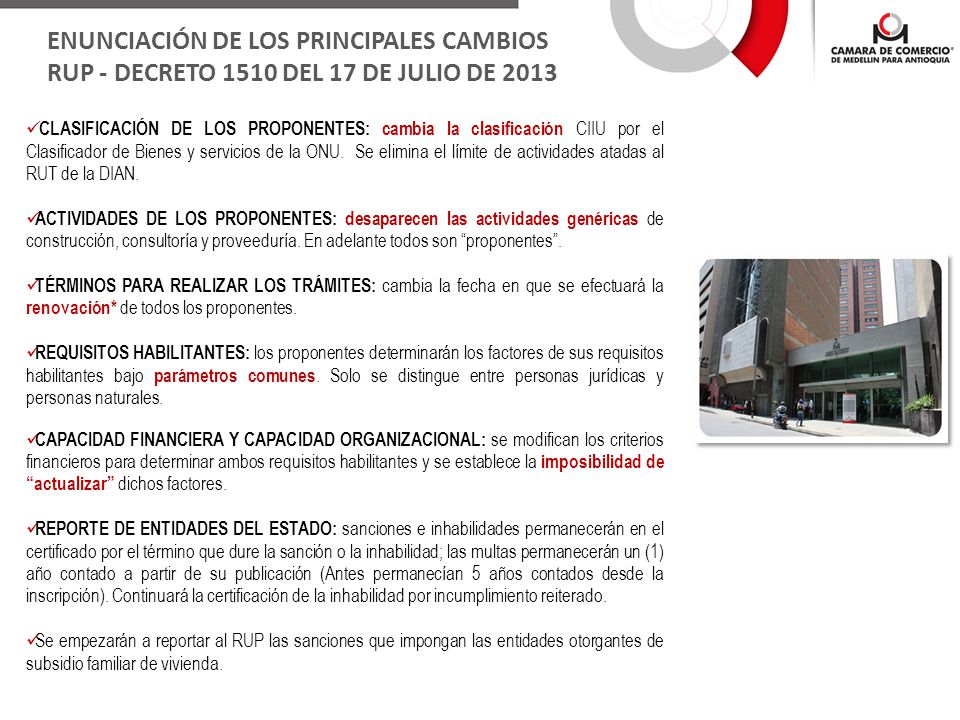 ENUNCIACIÓN DE LOS PRINCIPALES CAMBIOS RUP - DECRETO 1510 DEL 17 DE JULIO DE 2013