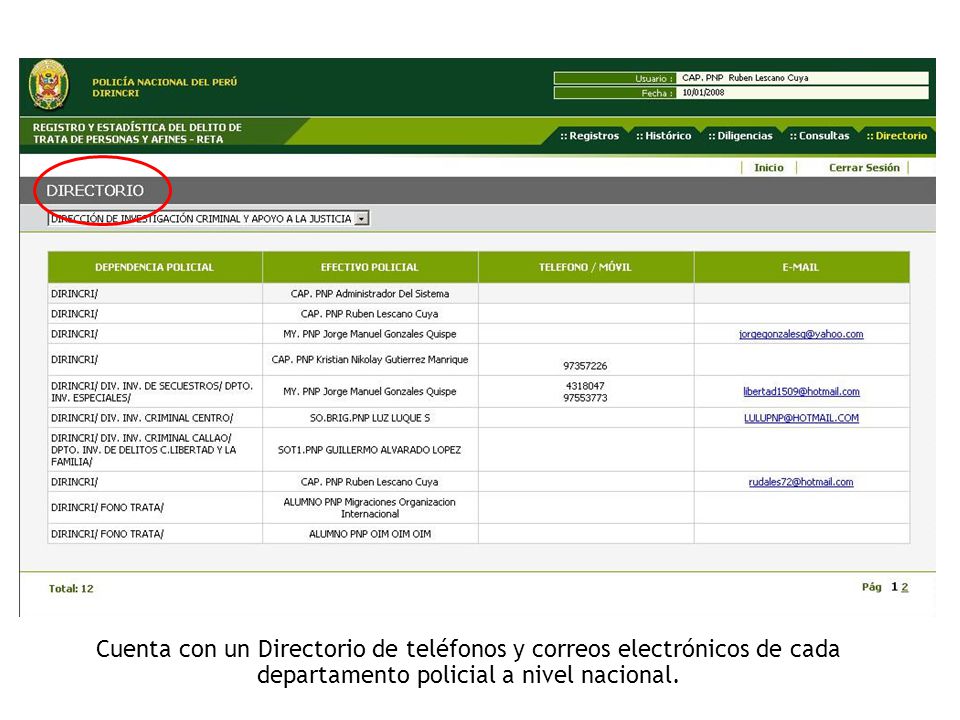 Cuenta con un Directorio de teléfonos y correos electrónicos de cada departamento policial a nivel nacional.