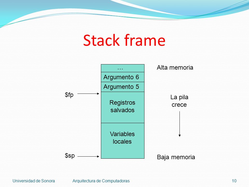 Stack frame … Alta memoria Argumento 6 Argumento 5 $fp La pila crece