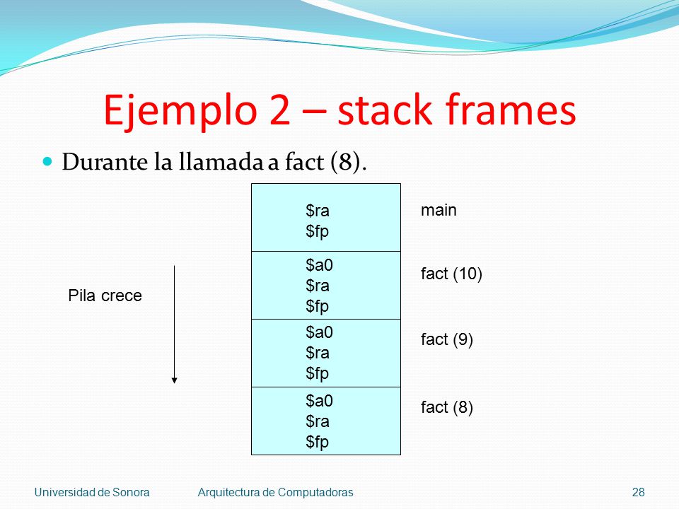 Ejemplo 2 – stack frames Durante la llamada a fact (8). $ra main $fp