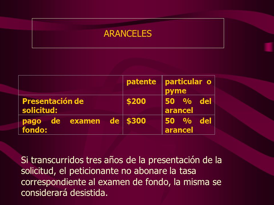 ARANCELES patente. Presentación de solicitud: $200. pago de examen de fondo: $300. particular o pyme.