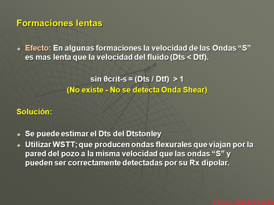 Formaciones lentas Efecto: En algunas formaciones la velocidad de las Ondas S es mas lenta que la velocidad del fluido (Dts < Dtf).