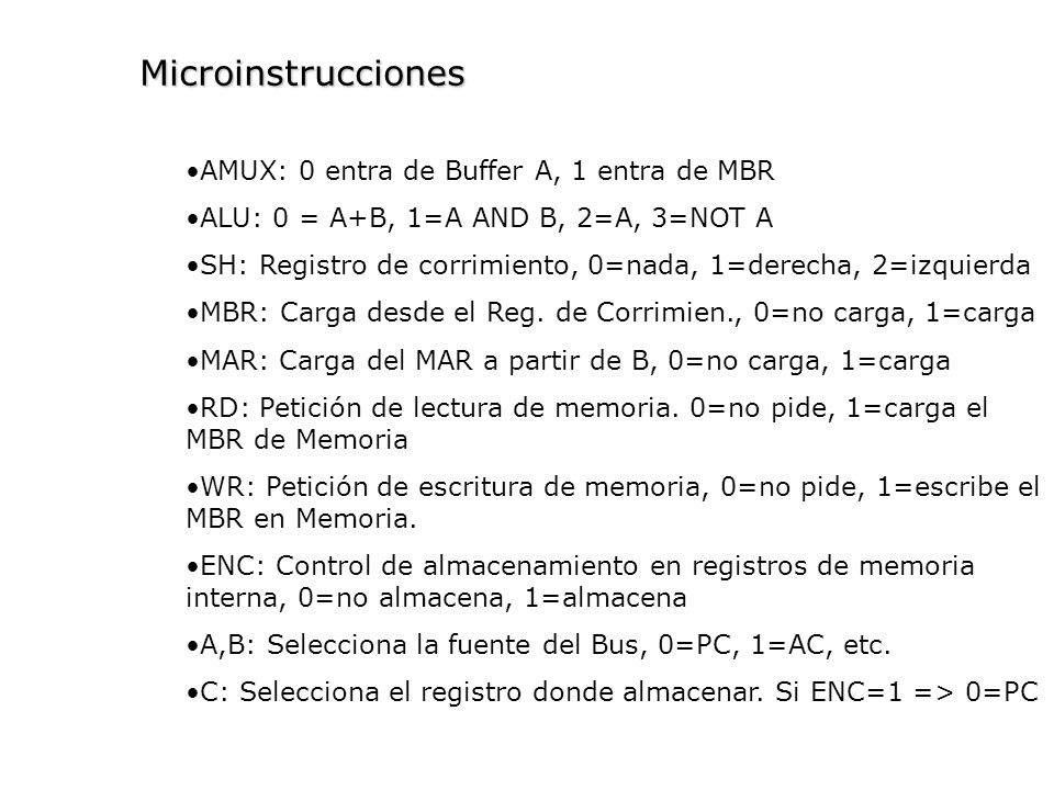 Microinstrucciones AMUX: 0 entra de Buffer A, 1 entra de MBR