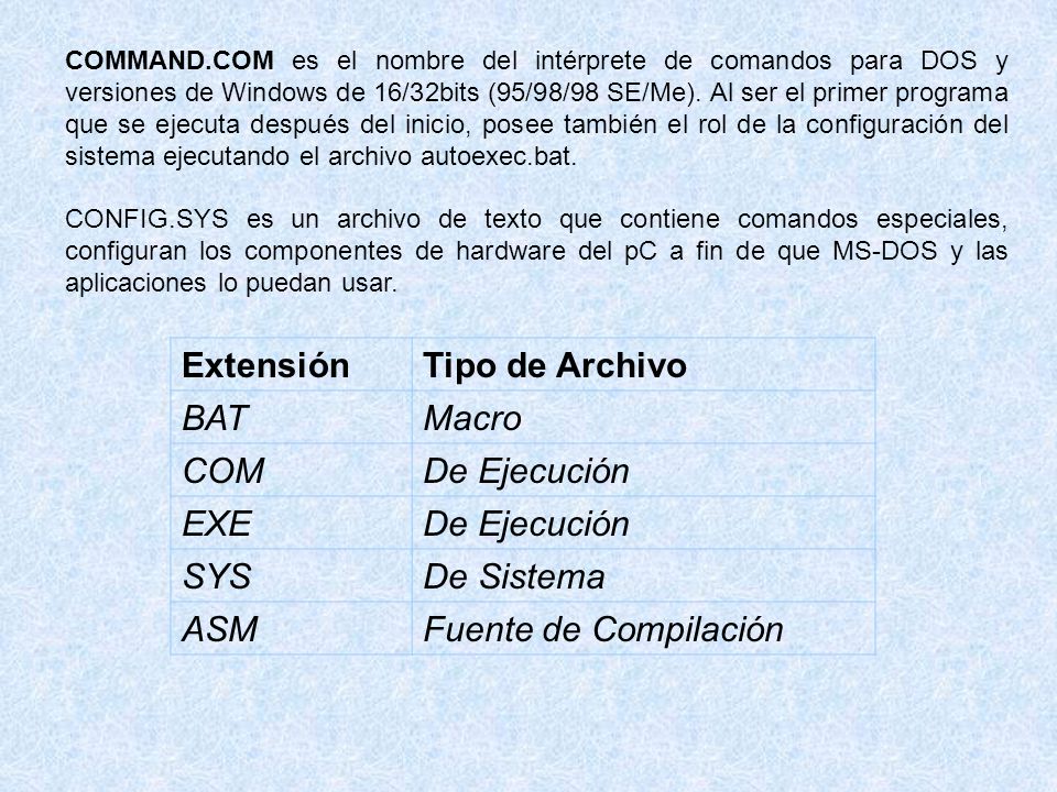 Extensión Tipo de Archivo BAT Macro COM De Ejecución EXE SYS