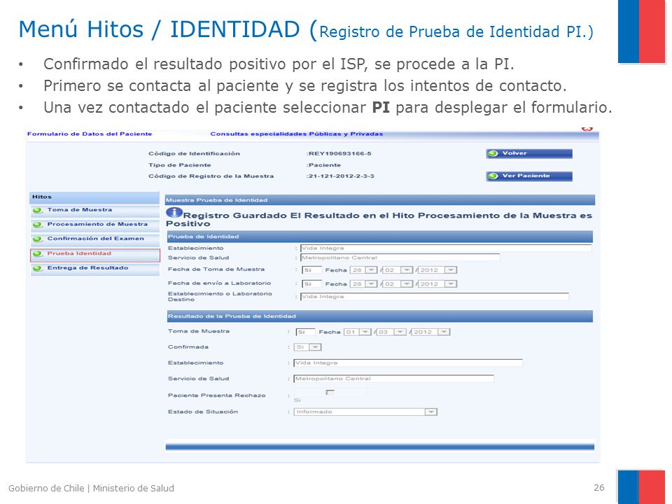 Menú Hitos / IDENTIDAD (Registro de Prueba de Identidad PI.)