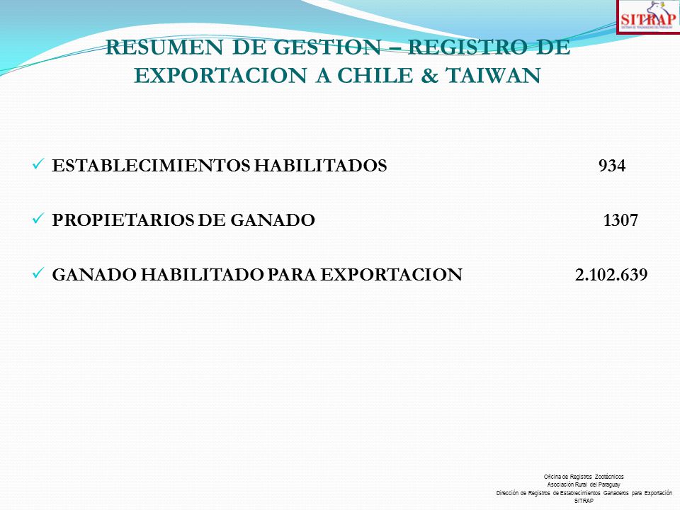 RESUMEN DE GESTION – REGISTRO DE EXPORTACION A CHILE & TAIWAN