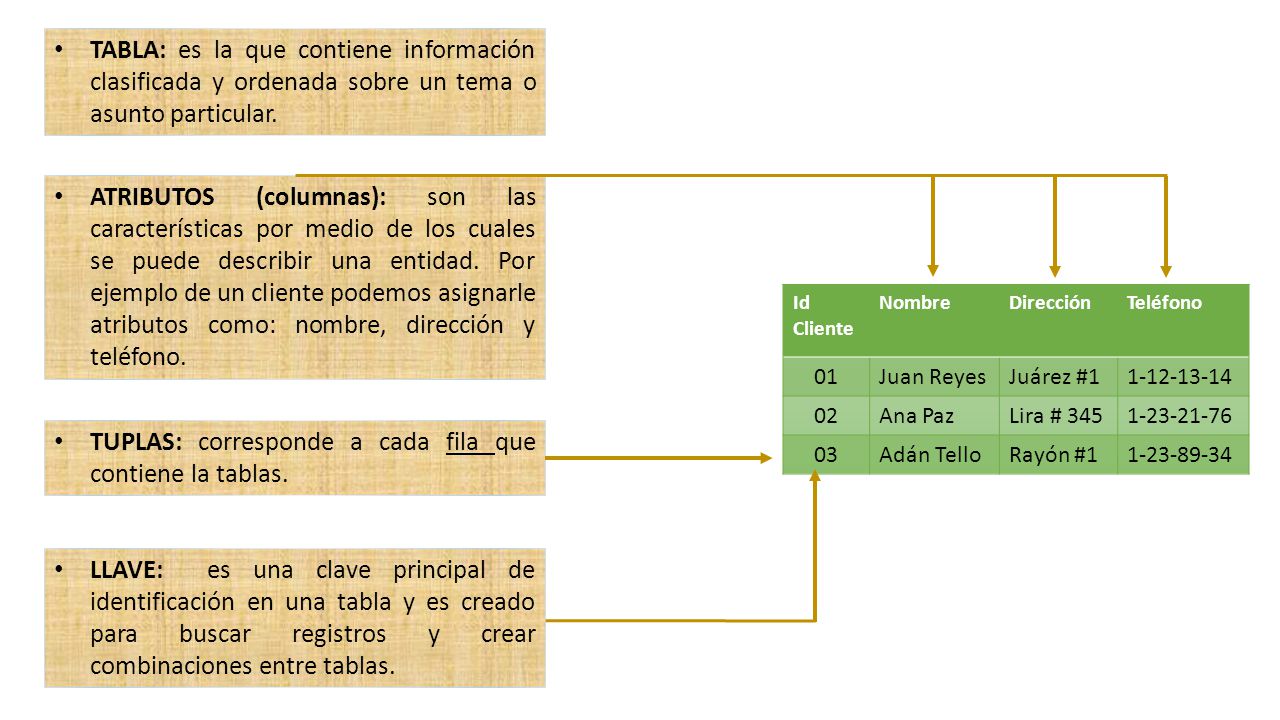 TUPLAS: corresponde a cada fila que contiene la tablas.