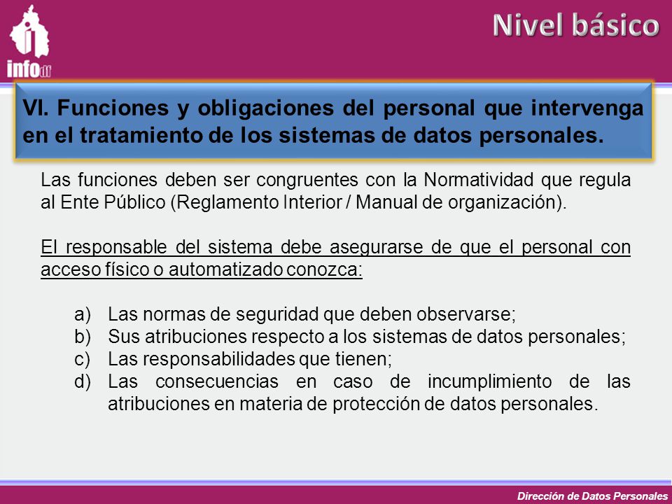 Nivel básico VI. Funciones y obligaciones del personal que intervenga en el tratamiento de los sistemas de datos personales.