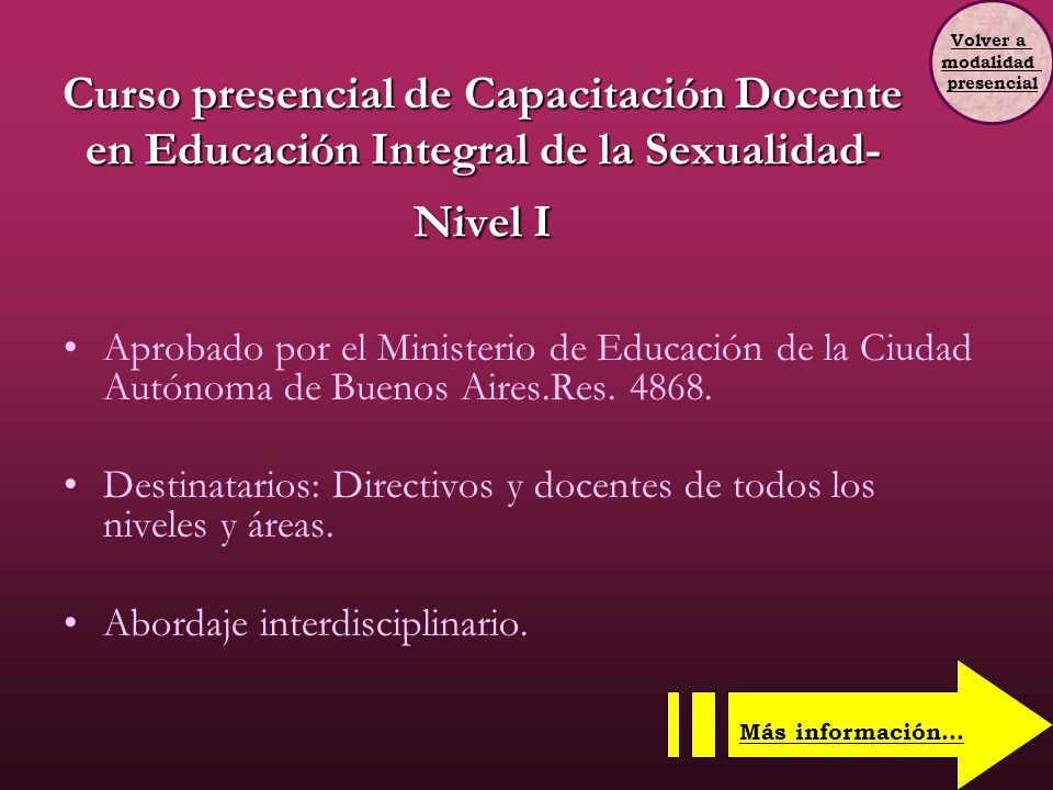 Volver a modalidad. presencial. Curso presencial de Capacitación Docente en Educación Integral de la Sexualidad- Nivel I.
