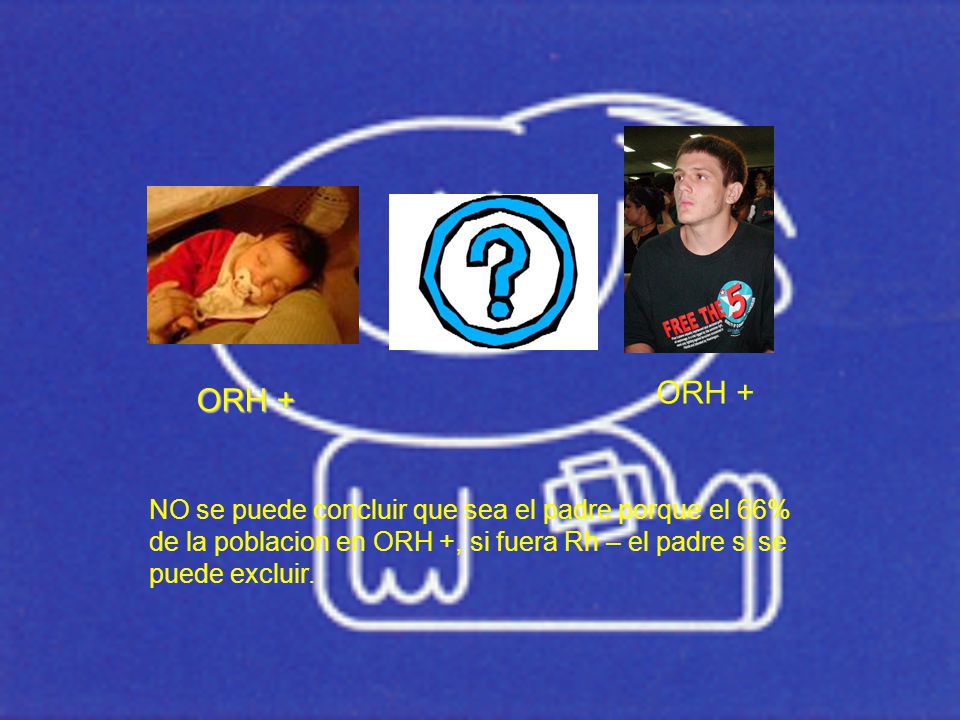 ORH + ORH + NO se puede concluir que sea el padre porque el 66% de la poblacion en ORH +, si fuera Rh – el padre si se puede excluir.