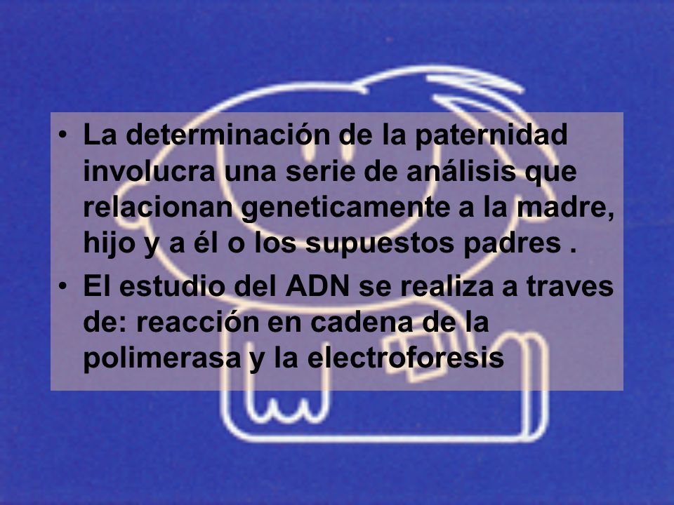 La determinación de la paternidad involucra una serie de análisis que relacionan geneticamente a la madre, hijo y a él o los supuestos padres .