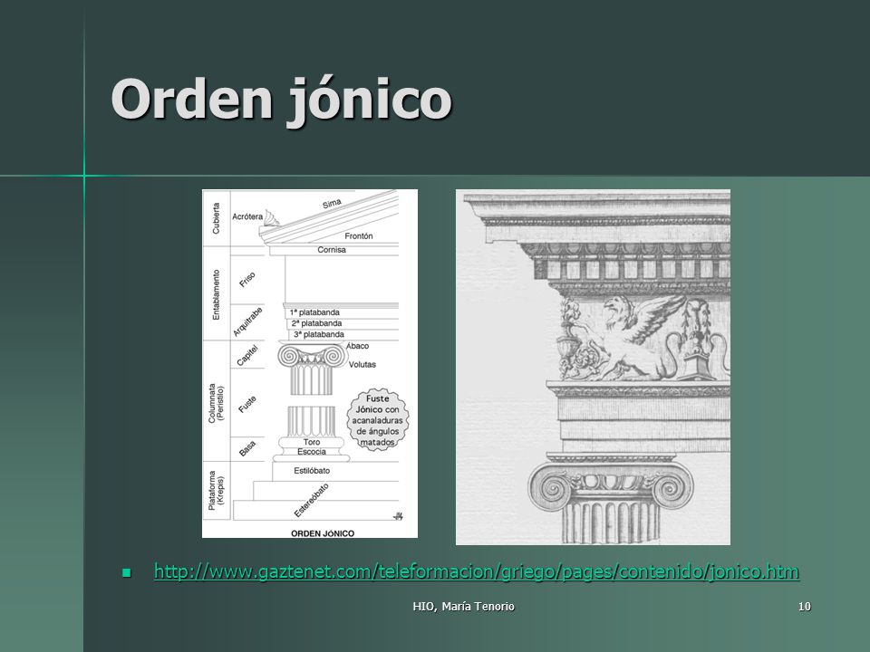 Orden jónico Más esbelto que el dórico. Se caracteriza por las volutas (formas de espiral) de su capitel (Grant 222).