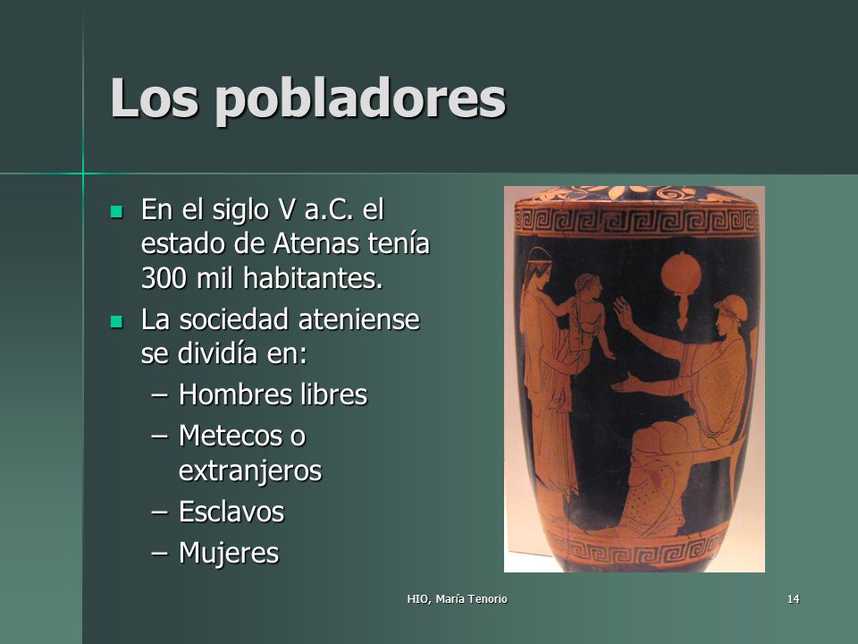 Los pobladores En el siglo V a.C. el estado de Atenas tenía 300 mil habitantes. La sociedad ateniense se dividía en: