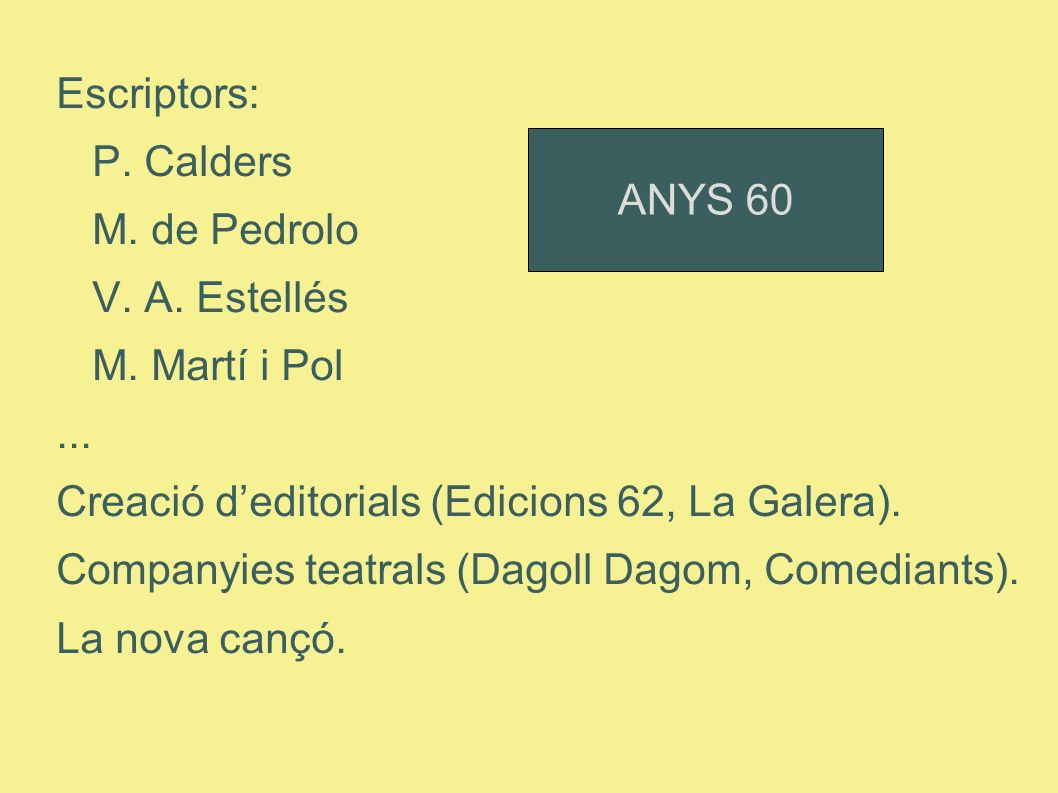 Escriptors: P. Calders. M. de Pedrolo. V. A. Estellés. M. Martí i Pol. ... Creació d’editorials (Edicions 62, La Galera).