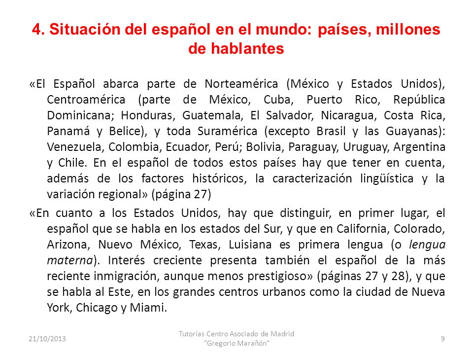 4. Situación del español en el mundo: países, millones de hablantes
