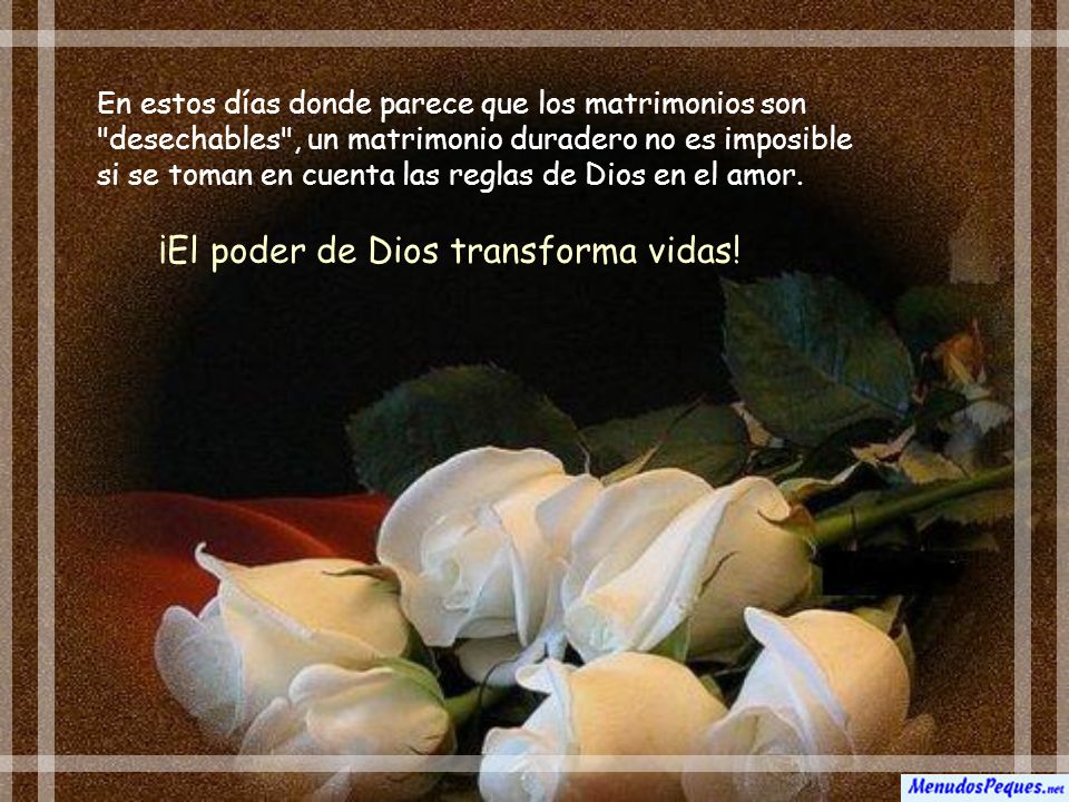 En estos días donde parece que los matrimonios son desechables , un matrimonio duradero no es imposible si se toman en cuenta las reglas de Dios en el amor.