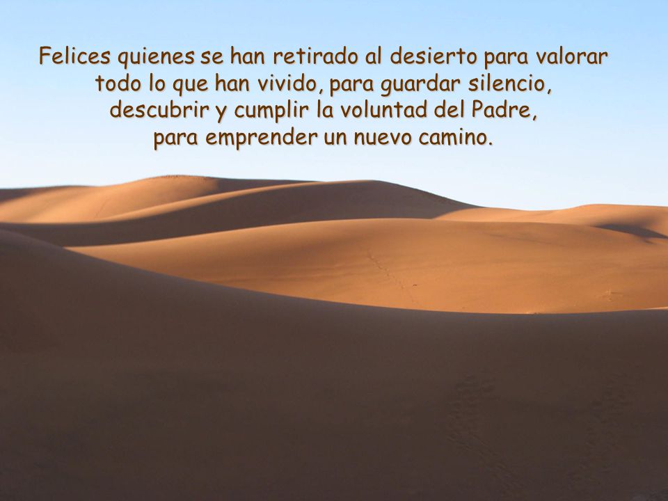 Felices quienes se han retirado al desierto para valorar todo lo que han vivido, para guardar silencio, descubrir y cumplir la voluntad del Padre, para emprender un nuevo camino.