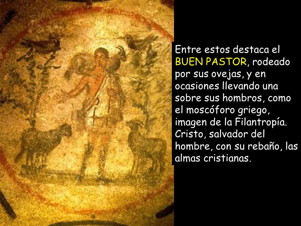Entre estos destaca el BUEN PASTOR, rodeado por sus ovejas, y en ocasiones llevando una sobre sus hombros, como el moscóforo griego, imagen de la Filantropía.