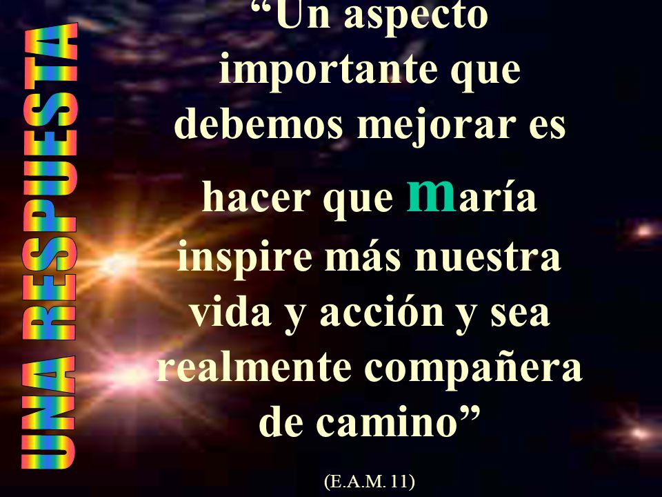 Un aspecto importante que debemos mejorar es hacer que maría inspire más nuestra vida y acción y sea realmente compañera de camino (E.A.M. 11)