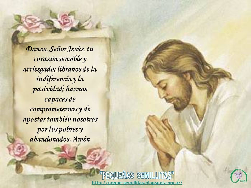 Danos, Señor Jesús, tu corazón sensible y arriesgado; líbranos de la indiferencia y la pasividad; haznos capaces de comprometernos y de apostar también nosotros por los pobres y abandonados. Amén