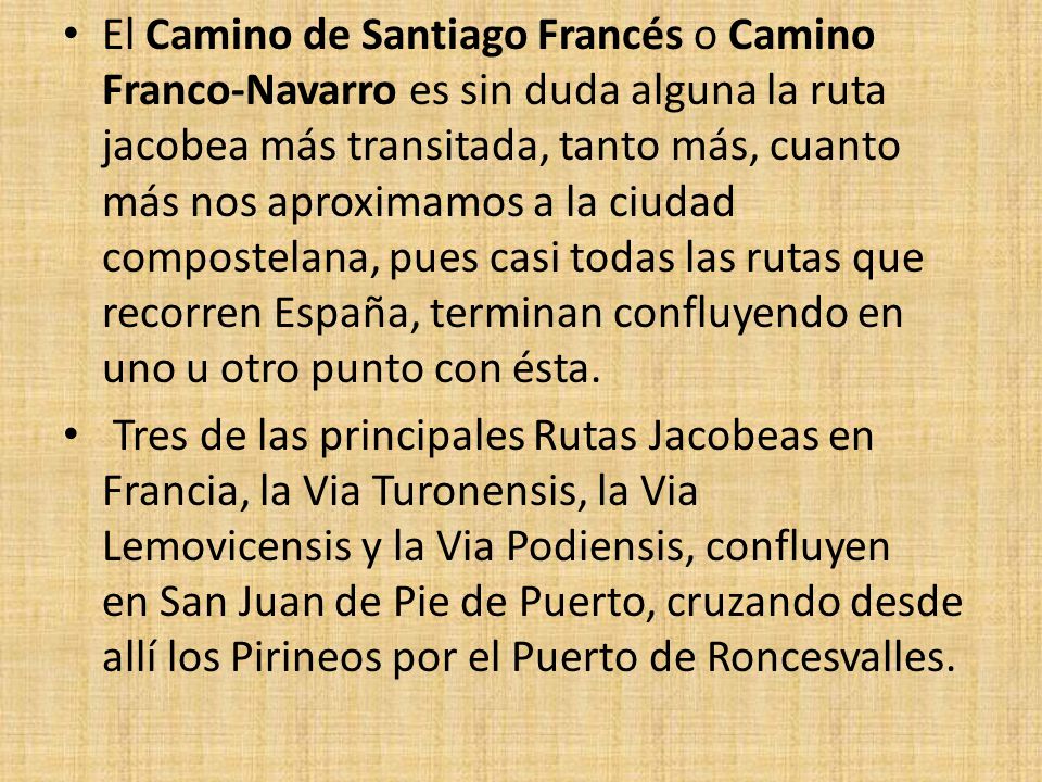 El Camino de Santiago Francés o Camino Franco-Navarro es sin duda alguna la ruta jacobea más transitada, tanto más, cuanto más nos aproximamos a la ciudad compostelana, pues casi todas las rutas que recorren España, terminan confluyendo en uno u otro punto con ésta.