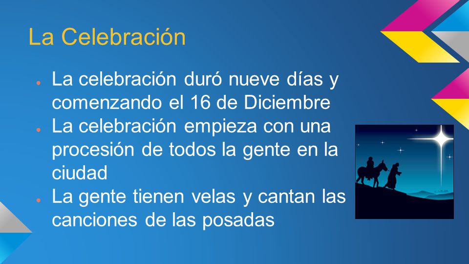 La Celebración La celebración duró nueve días y comenzando el 16 de Diciembre.