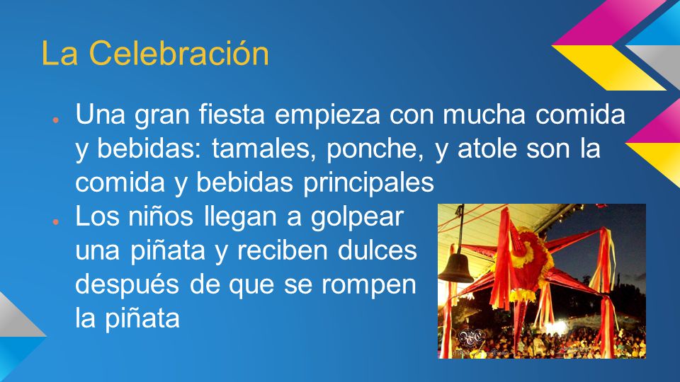 La Celebración Una gran fiesta empieza con mucha comida y bebidas: tamales, ponche, y atole son la comida y bebidas principales.