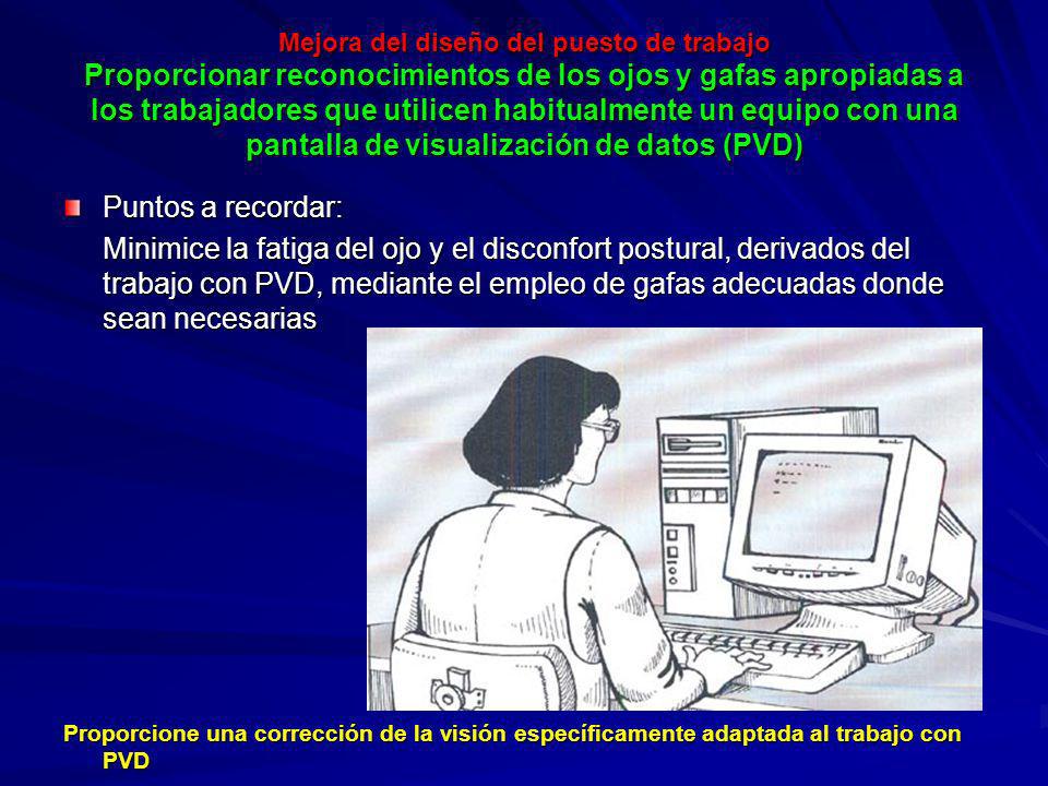 Mejora del diseño del puesto de trabajo Proporcionar reconocimientos de los ojos y gafas apropiadas a los trabajadores que utilicen habitualmente un equipo con una pantalla de visualización de datos (PVD)