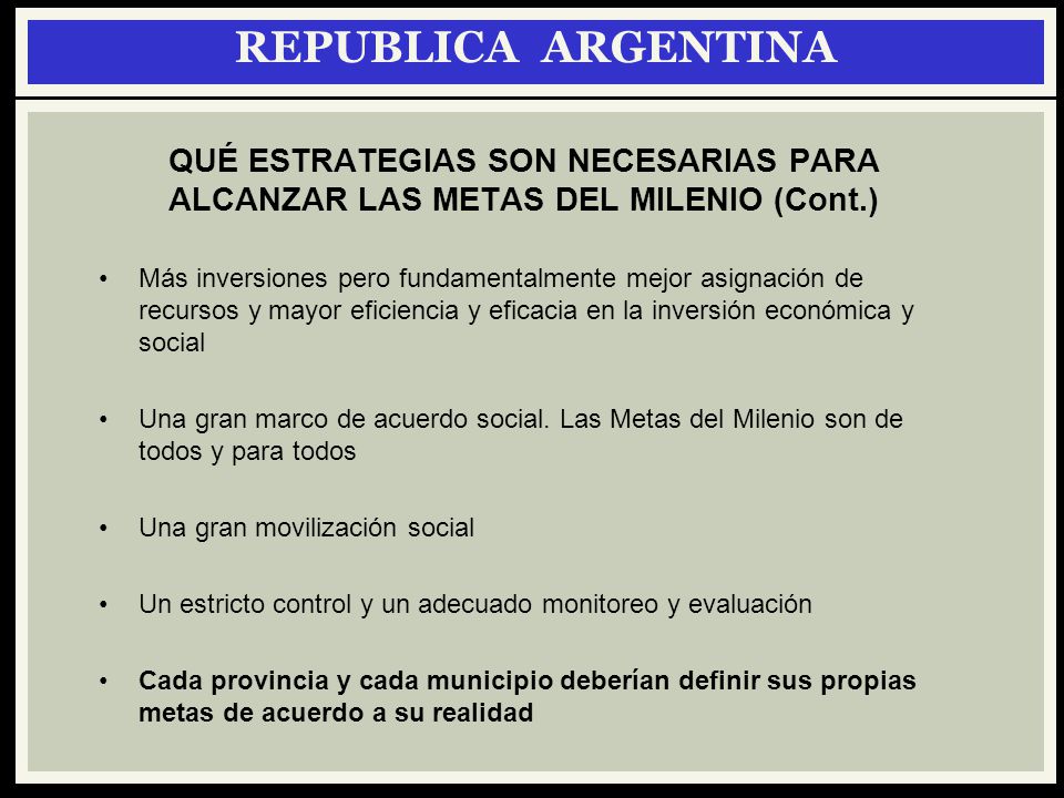 REPUBLICA ARGENTINA QUÉ ESTRATEGIAS SON NECESARIAS PARA ALCANZAR LAS METAS DEL MILENIO (Cont.)