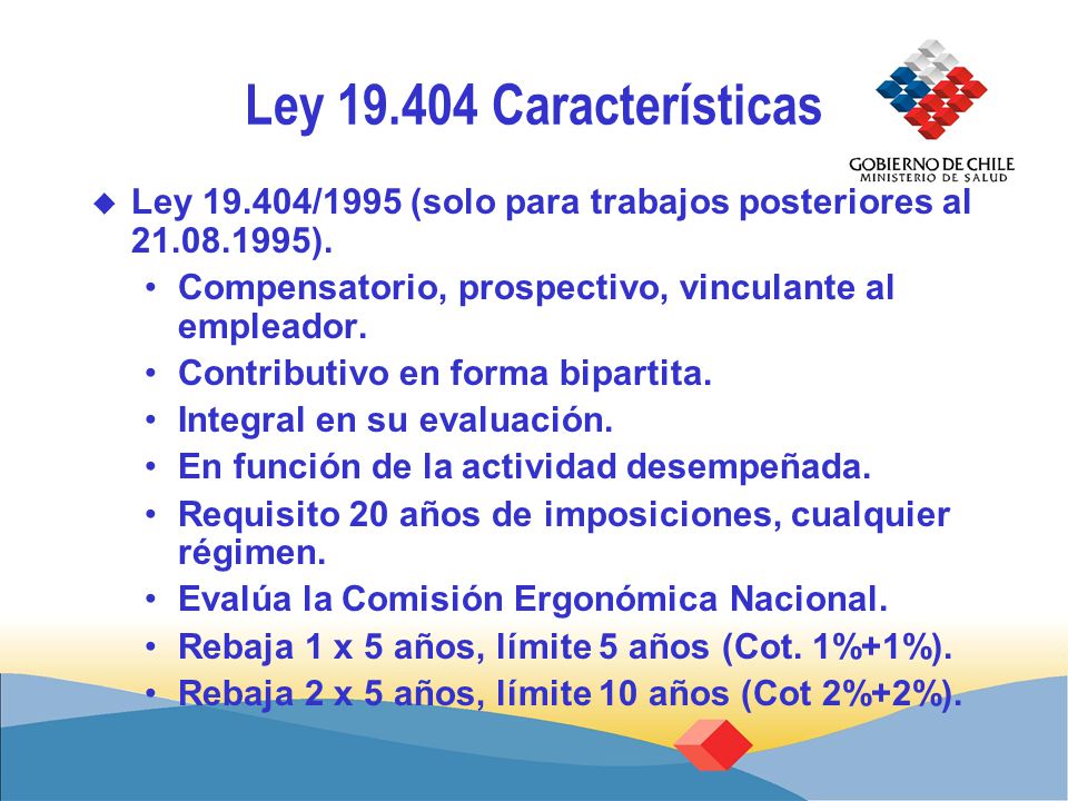 Ley Características Ley /1995 (solo para trabajos posteriores al ). Compensatorio, prospectivo, vinculante al empleador.