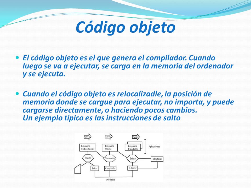 Código objeto El código objeto es el que genera el compilador. Cuando luego se va a ejecutar, se carga en la memoria del ordenador y se ejecuta.