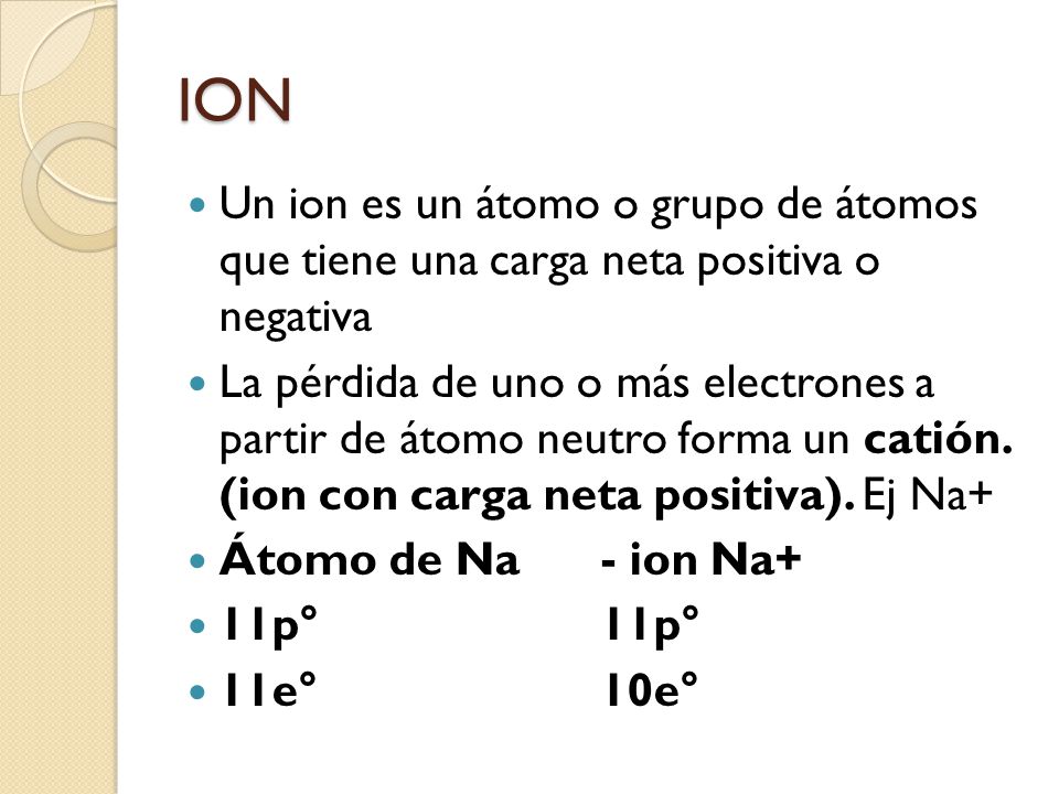 ION Un ion es un átomo o grupo de átomos que tiene una carga neta positiva o negativa.