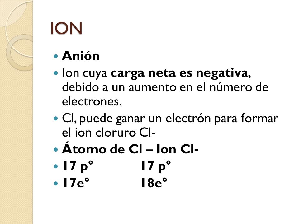 ION Anión. Ion cuya carga neta es negativa, debido a un aumento en el número de electrones.