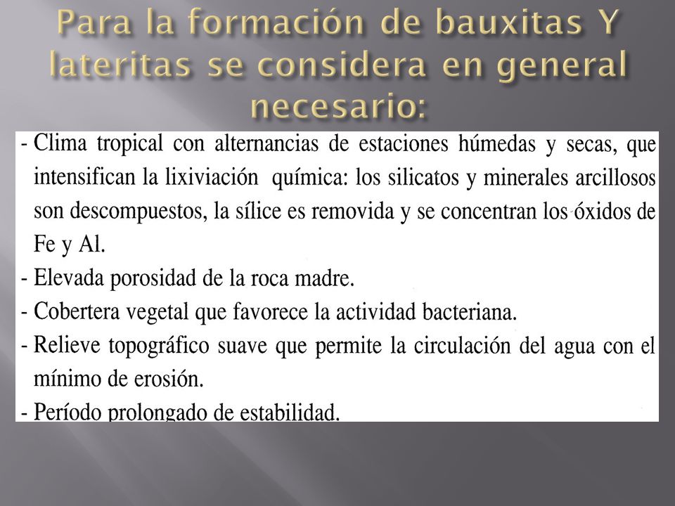 Para la formación de bauxitas Y lateritas se considera en general necesario: