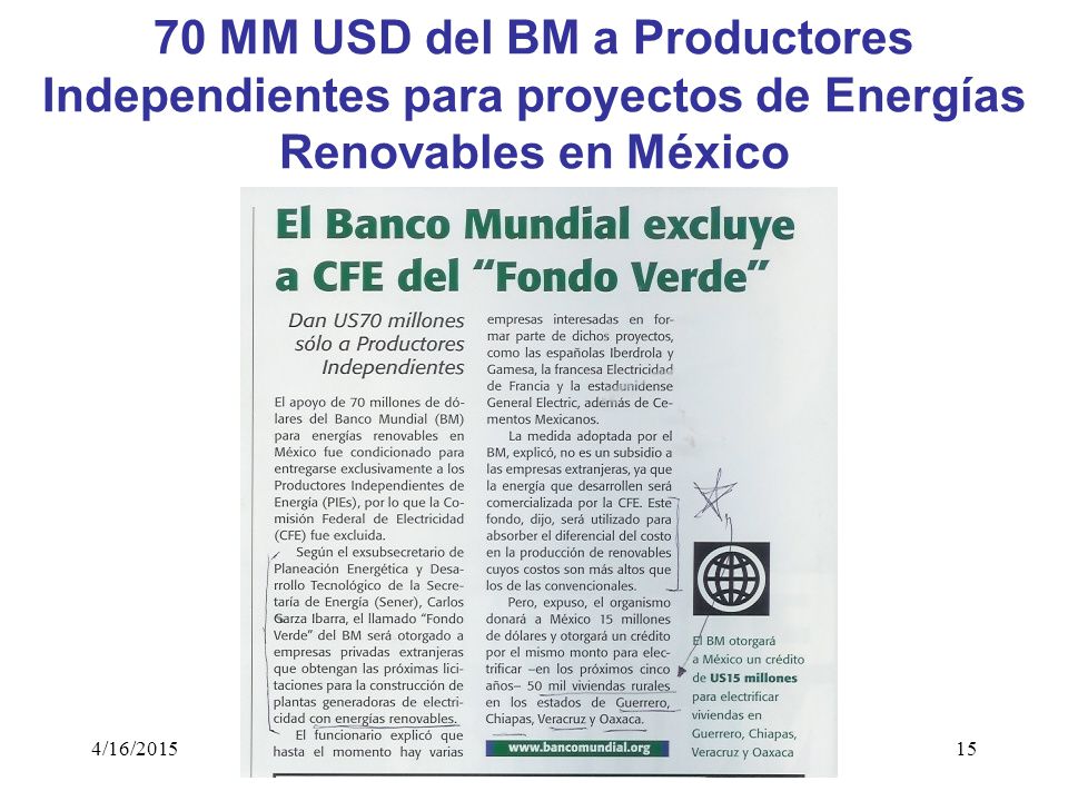70 MM USD del BM a Productores Independientes para proyectos de Energías Renovables en México