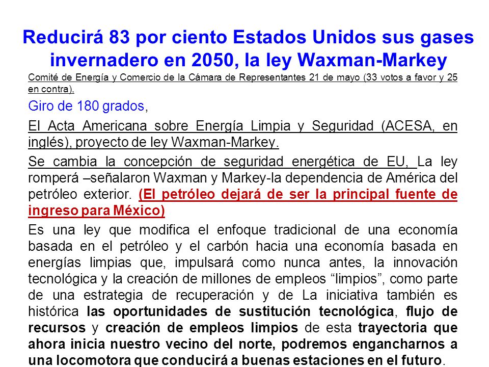 Reducirá 83 por ciento Estados Unidos sus gases invernadero en 2050, la ley Waxman-Markey