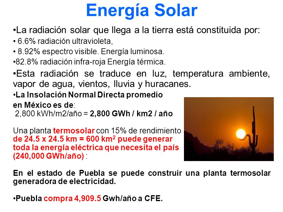Energía Solar La radiación solar que llega a la tierra está constituida por: 6.6% radiación ultravioleta,