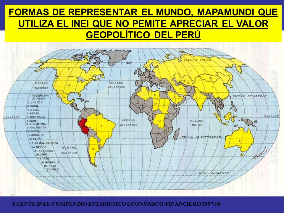 FORMAS DE REPRESENTAR EL MUNDO, MAPAMUNDI QUE UTILIZA EL INEI QUE NO PEMITE APRECIAR EL VALOR GEOPOLÍTICO DEL PERÚ