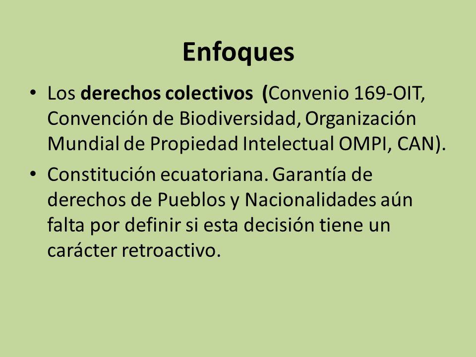Enfoques Los derechos colectivos (Convenio 169-OIT, Convención de Biodiversidad, Organización Mundial de Propiedad Intelectual OMPI, CAN).