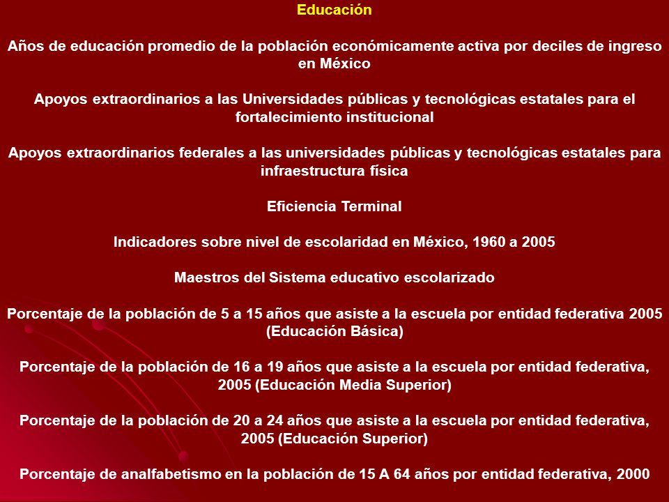 Indicadores sobre nivel de escolaridad en México, 1960 a 2005