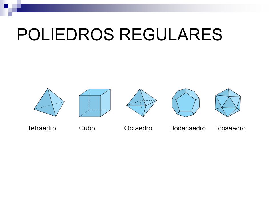 POLIEDROS REGULARES Tetraedro Cubo Octaedro Dodecaedro Icosaedro.