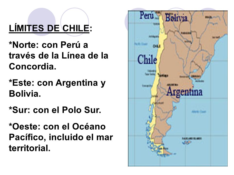 LÍMITES DE CHILE: *Norte: con Perú a través de la Línea de la Concordia. *Este: con Argentina y Bolivia.