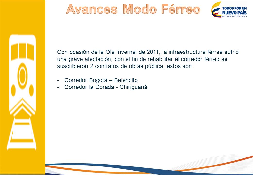 Avances Modo Férreo Con ocasión de la Ola Invernal de 2011, la infraestructura férrea sufrió.